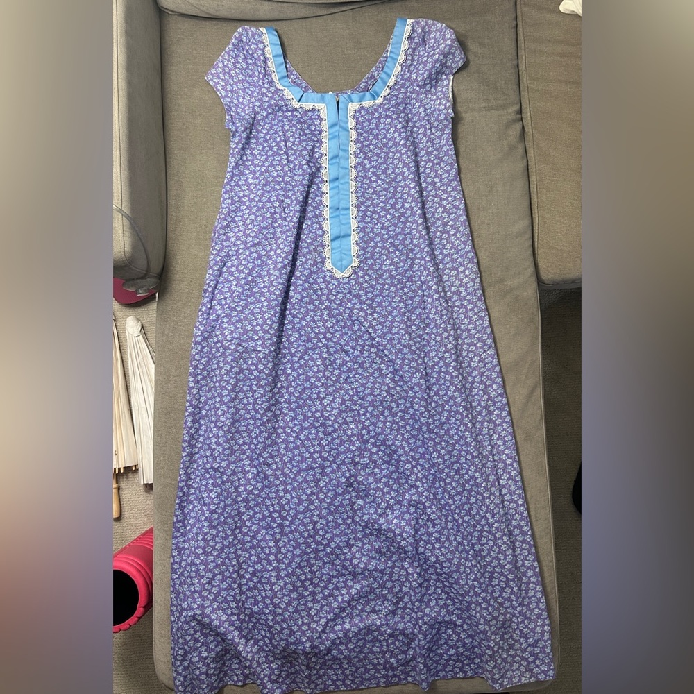 Liberty House Hilda Hawaii - Purple Floral Dress Muumuu with Blue Trim and Lace